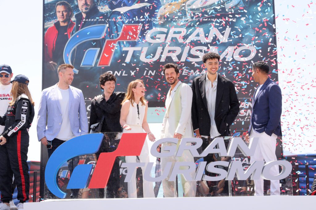 CANNES, FRANCE - MAY 26: GRAN TURISMO: THE MOVIE cast, (L-R) Neill Blomkamp, Maximilian Mundt, Geri Halliwell, Orlando Bloom, Archie Madekwe and Asad Qizilbash attend the 2023 Cannes Film Festival Photo Call on May 26, 2023 in Cannes, France. (Photo by Victor Boyko/Getty Images for Sony Pictures )