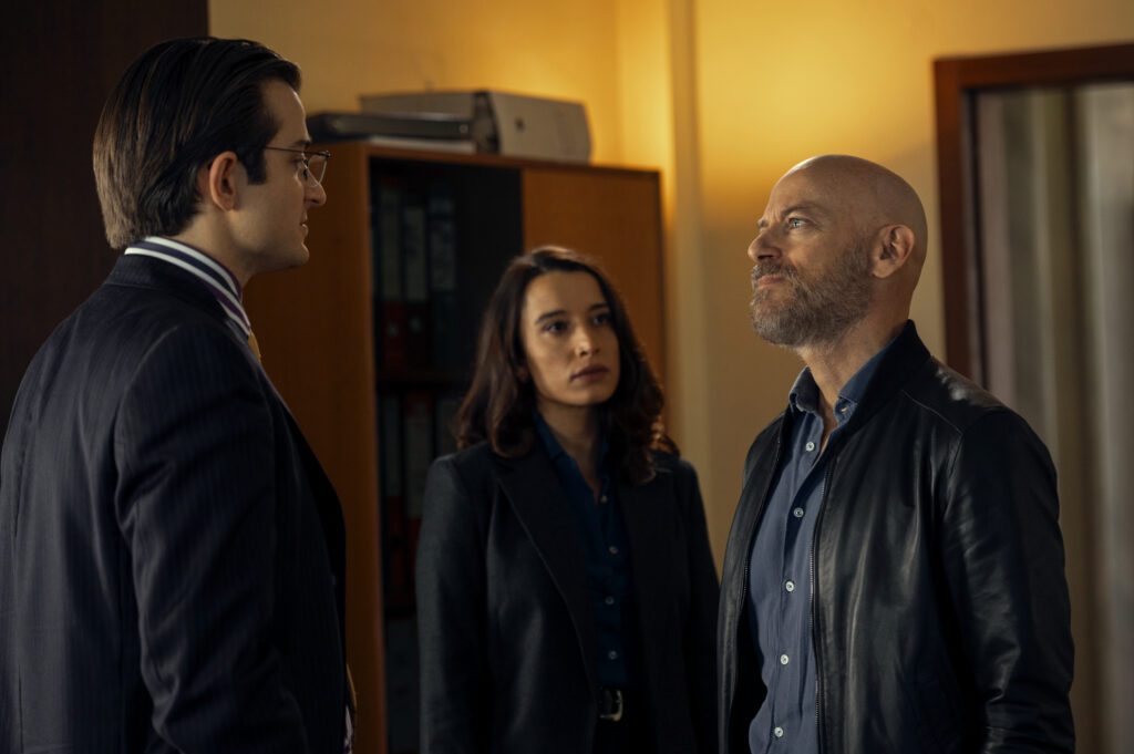 Suburraeterna. (L to R) Aliosha Massine as Ercole, Giorgia Spinelli as Murtas, Filippo Nigro as Cinaglia in episode 104 of Suburraeterna. Cr. Emanuela Scarpa/Netflix © 2023