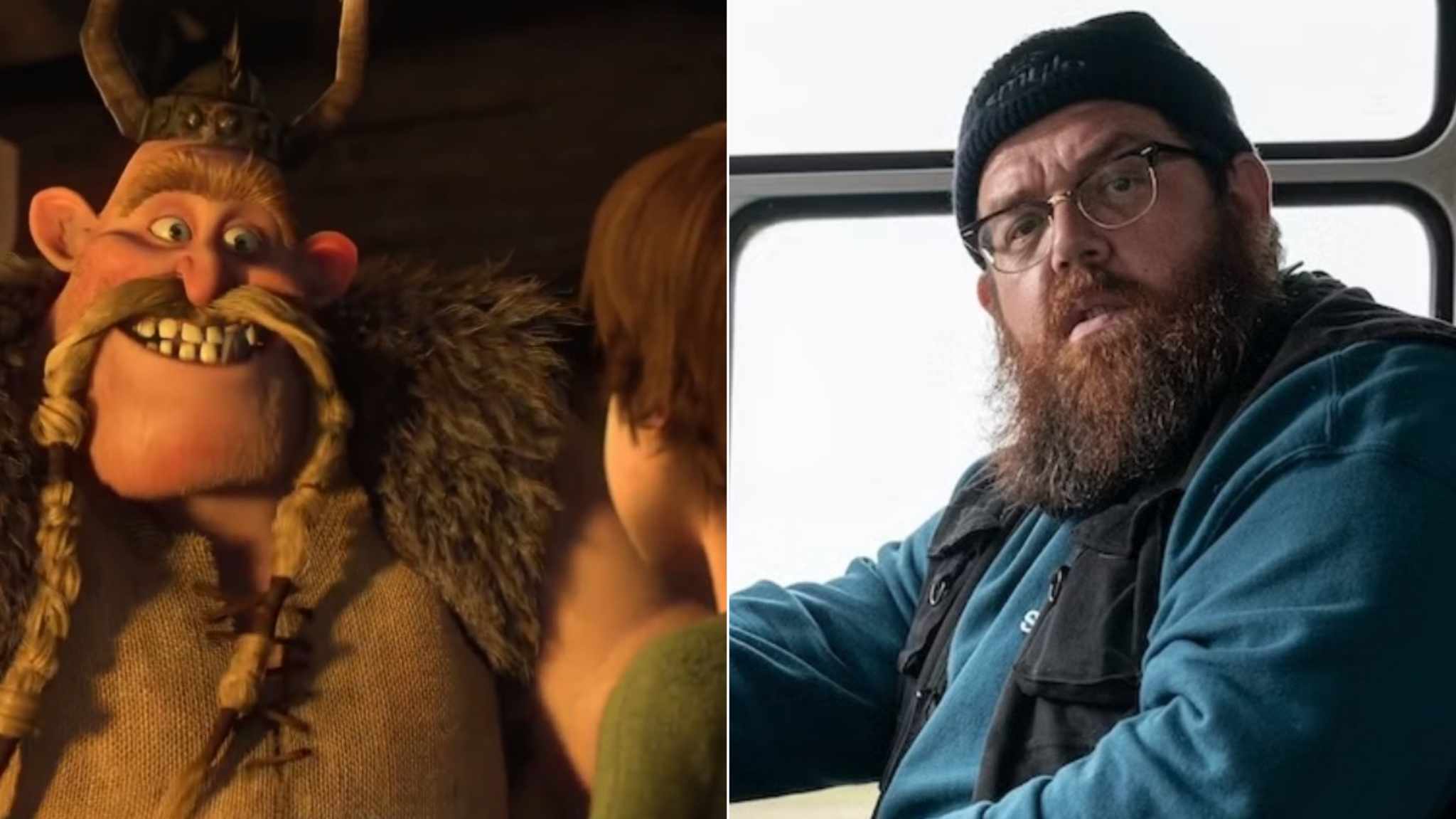 collage immagini Nick Frost e personaggio Scaracchio di Dragon Trainer